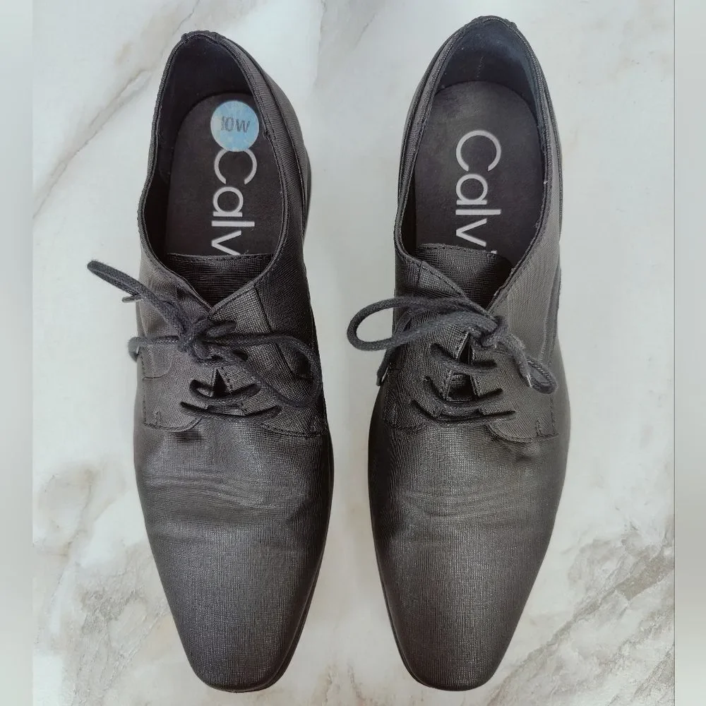 Calvin Klein Men's Benton Black Faux Leather Weave Oxford Dress Shoes, 10